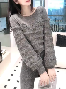 QINGNAER | Slim Fitting Floral Design Knitwear