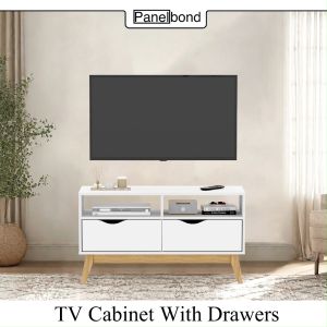 Panelbond White TV Cabinet Modern Storage Cabinet Solid Wood Storage Cabinet With Open Partitions And Double Door Wooden Drawers For 40 Inch TV