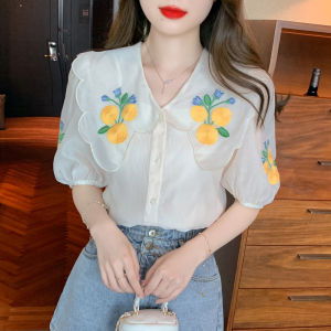 YIGE Tay Ngắn Áo Voan Ren Cổ 2023 Cho Nữ Búp Bê Mới Áo Blouse Thêu