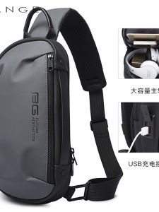 BANGE New Mens Casual Waterproof Chest Bag Crossbody Bag USB Version Denim Material Zipper Closure Pure Color Leisure Scene