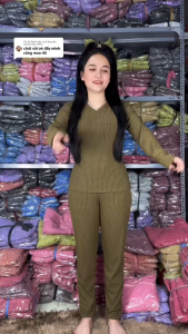 Đồ Bộ Cổ Tim Tay Dài Quần Baggy chất liệu gân đũa lạnh đồ bộ nữ mặc nhà đồ bộ ủ kem