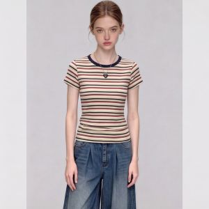DVDK | Áo Thun Tay Ngắn Sọc American Vintage Nữ 2026 Mẫu Mới Xu Hướng Ôm Body