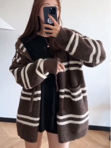 ผู้หญิง ฤดูใบไม้ร่วง ฤดูหนาว หมวกถัก เสื้อสเวตเตอร์ เสื้อโค้ท ลายทาง ลายสไตล์ขี้เกียจทุกคู่ ลำลอง แจ๊กเก็ตเดินทาง คาร์ดิเกน เสื้อท่อนบน