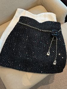 GUZILIAN | Shiny Sequin Mini Skirt Womens Korean Style Floral Waist Chain Asymmetrical High Waist Bodycon Skirt Autumn Winter