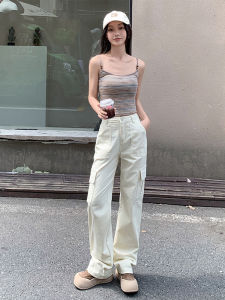 High Waist Thickened White Denim Work Pants Womens Narrow Style Autumn Winter Long Straight Leg Floor-Length Trousers