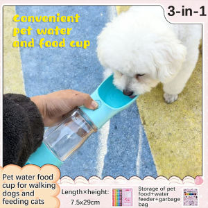Dog cat outing water cup 3-in-1 water and food cup outdoor travel multifunctional water bottle pet supplies pet water cup bindable garbage bags