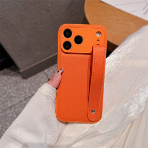 Leather Bracket Wrist Strap Candy Stand Case For iPhone 17 16 15 14 13 12 11 Pro Max Plus Air Hand Band Holder Silicone Cover