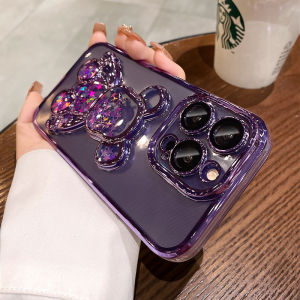 3D Glitter Bear Full Cover Silicone Phone Case for Apple 14promax New Dark Purple Iphone 14pro Transparent High End Feels I13pm with Lens Film