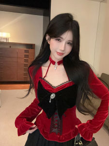 Christmas Red Velvet Long Sleeve T-Shirt Collar Hanging Neck Butterfly Knot Pure Desire Velvet Inner Wear Base Top for Women