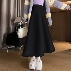 Khaki Knitted A-Line Mini Skirt Womens Spring Autumn High Waist Slimming Long Tassel Skirts Korean Style Commute Polyester Nylon