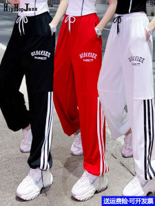 Loose Jazz Dance Pants Womens Street Dance Sports Black Long Trousers Harajuku Style Asymmetric Print Cotton Blend Trousers