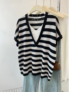 European Goods Striped Fake Two Pieces V Neck Short-Sleeved T-shirt Womens Summer Plus Size Plus Size Ladies Loose Slim Looking Shoulder Fancy Tops