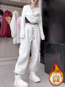 Womens Casual Fleece Lined Trousers High Waist Button Design Loose Fit Long Pants Warm Autumn Winter Fashion plus Size Harlan Pants