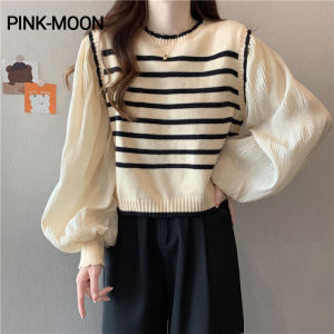 PM✿ French style fake two-piece bubble sleeve knitted sweater for womens 2024 new striped round neck top