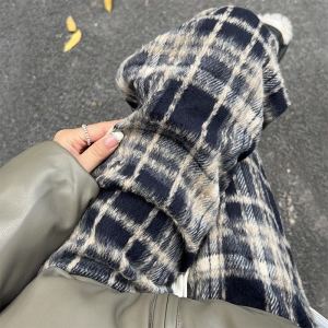 Tall Women's Plaid Wide Leg Pants: Autumn Winter Thickened Fleece Lined Woolen High Waist Straight Cut Retro Casual Trousers