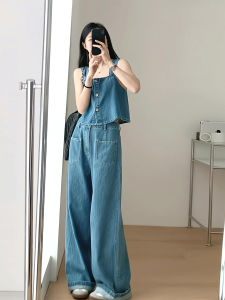 วินเทจสไตล์ฮ่องกงผู้หญิงกางเกงยีนส์ชุดฤดูร้อนแขนกุดสั้นด้านบนเอวสูงหลวมขากว้างกางเกงขายาวชุดสองชิ้น