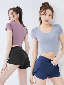 Fitness Yoga Outfit Set Womens Shockproof Morning Running Training Clothes Short Sleeve Quick Dry Top Summer Sports Shorts