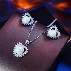 SEQUITO Charming Women Engagement Silvery Jewelry Set Micro Pave Shiny AAA Cubic Zircon with Artificial Pearl Stud Earrings Pendant Necklace SJ457