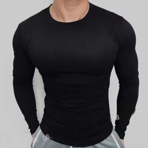 Textured Ice Silk Long Sleeve T-Shirt Mens Fitness Training Running Sport Cool Thin Moisture Wicking Youth Trendy Base Shirt