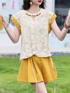 Shalldoer | Bộ đồ hai mảnh cổ tròn màu khối thêu tay ngắn quần short cạp cao mùa hè thời trang cổ điển cho nữ