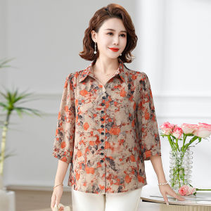 Elderly Women Light T-Shirt 3/4 Sleeve Floral Collar