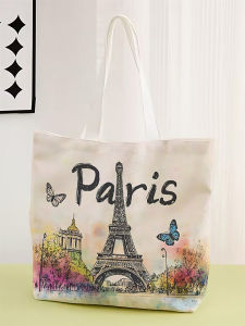 Túi Xách Có Họa Tiết Tháp Eiffel Có Thể Tái Sử Dụng Túi Mua Sắm Bằng Vải Canvas In Hình Thời Trang Đa Chức Năng Chất Liệu Polyester