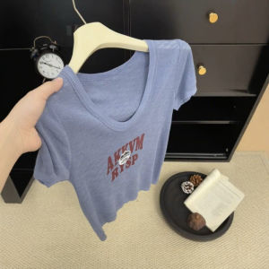 CHOEFULYN | American Vintage Misty Blue Letter Print Round Neck Short Sleeve T-shirt