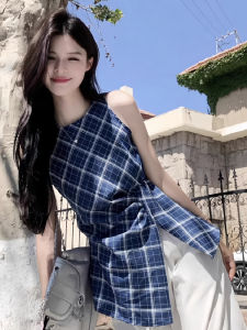 เสื้อกั๊กแขนกุดลายสก็อตสีบล็อกสไตล์ย้อนยุคสำหรับผู้หญิงในฤดูหนาว ทรงเข้ารูป เสื้อผ้าทำงาน เสื้อผ้าทำงาน ลายสก็อต แฟชั่นสตรีท