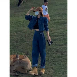 Early Autumn Denim Casual Fancy Denim Coat Set Womens 2024 Lightly Mature Short Coat Parka Two-Piece Pants