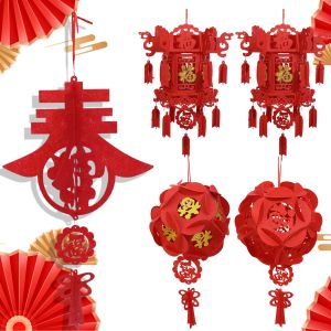 New Year Fortune Spring Festival Pendants with Tassel Non Woven Lucky Lantern Blessings Decorative Flocking Cloth Red Lanterns