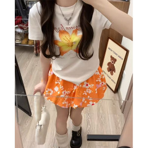 กระโปรงสั้นทรงเอสีส้ม ดีไซน์ไม่ซ้ำใคร ฤดูร้อน 2025 กระโปรงทรงดอกไม้ สไตล์ชนบท ความยาวปานกลาง เอวสูง ลำลอง