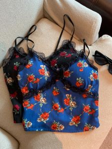 GUZILIAN | Retro Floral Lace Splice Strap Vest Women Summer Inner And Outer Wear Holiday Style Hot Girl Top Short Length Plant Floral Pattern