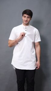 Baju Koko Pria Model Kurta Putih Polos Lengan Pendek Katun - Koko Pria Casual REV 130