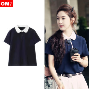 Loose Blue Polo Shirt Short Sleevedoll Collar Girls Summer Fashion Polyester Fiber Casual Comfortable Style College Vibewear