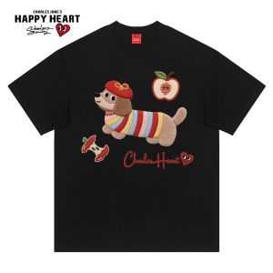 CHARLES JANGS HAPPY HEART | Cotton Summer Cartoon Dachshund Apple Graffiti Print Casual T-Shirt