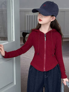 Girls Long Sleeve Hoodie Red Knitted Top Autumn New Style Korean Version Childrens Cotton Polyester Blend Base Shirt