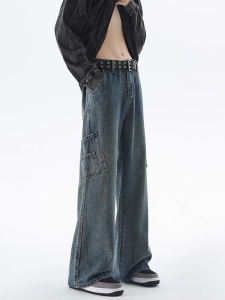 American Retro Workwear Jeans Mens High Street Loose Straight Leg Pants Bell Bottom Long Trousers Youth Fashion Cotton Jeans