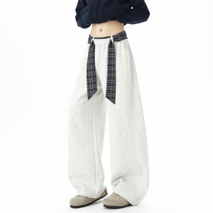 Korean Contrast Color Plaid Belted Knife Edge Sweatpants Men Women Autumn Winter Elastic Waist Wide Leg Sports Casual Pants