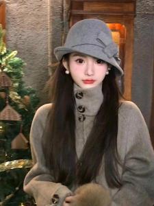 Elegant Grey Woolen Fisherman Hat with Butterfly Knot for Women Fashionable Autumn Winter Cap Stylish Streetwear Accessory