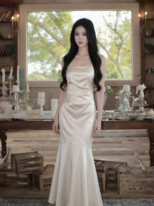 French Style Elegant White Satin Spaghetti Strap Dress