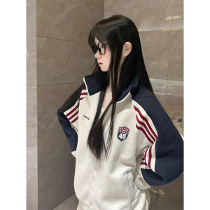 Retro Korean Style Striped Badge Letter Hoodie Jacket Womens Spring Autumn College Style Open Cardigan Jacket Top