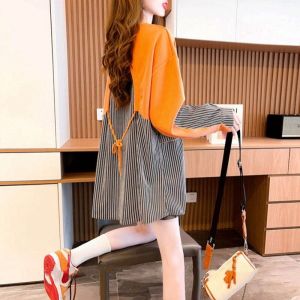 plus Size Womens Spring Autumn Korean Style Striped Patchwork Hoodie Mid-Length Fake Two-Piece Trendy round Neck Long Sleeve