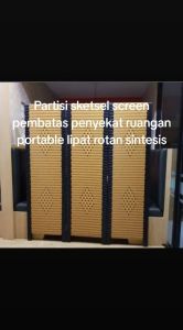 Sketsel partisi screen pembatas penyekat ruangan lipat portable rotan sintesis 3 daun pintu ukuran 150cm×170cm