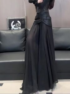 Fashionable High Waist Black Midi Skirt Womens Versatile Slimming A-Line Skirt Commute Korean Style Straight Cut Autumn New Arrival