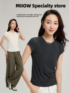 miiow | MiiOW Womens Round Neck Short Sleeve Base Shirt Summer 2025 New Tencel Minimalist Solid Color Shoulder Length Flying Sleeve T-shirt