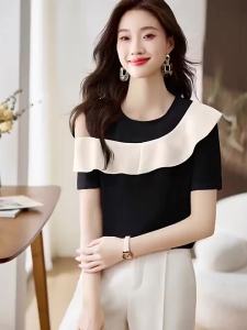 puella | Flattering Short Sleeve Round Neck Color Block Ruffle T-shirt