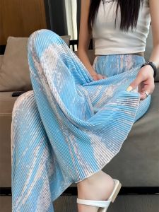 Blue Dyed Wide Leg Pants Womens Summer Sun Protection Cooling Beach Casual Walking Long Trousers Korean Style High Waist