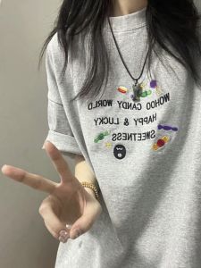 Summer Grey Candy Colored Letter Womens Short Sleeve T-Shirt Pure Cotton Retro American Style Streetwear round Neck Print Casual Top