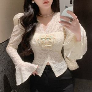 GUZILIAN | Elegant Pure Desire Lace Base Shirt Womens V-neck Long Sleeve Waist-cinched Chinese Style Top Korean Version Flared Sleeves