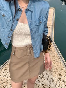 Light Color Tencel Denim Shirt Womens Summer Spring & Fall European Goods Fancy Retro Bandage Dress Short Shirt Coat Top